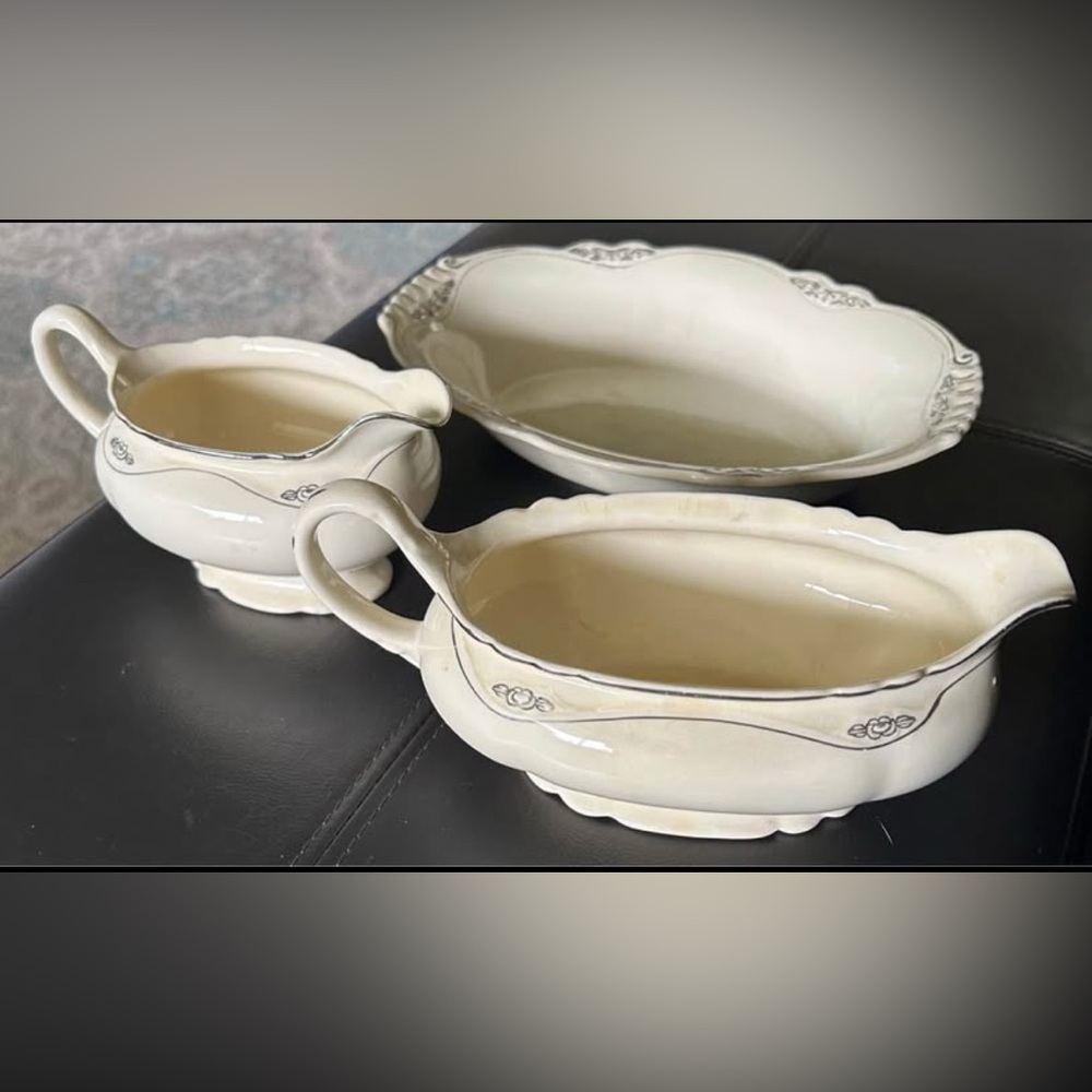 3-piece Vintage Homer Laughlin, Virginia Rose Gravy boat & 2 Pitchers